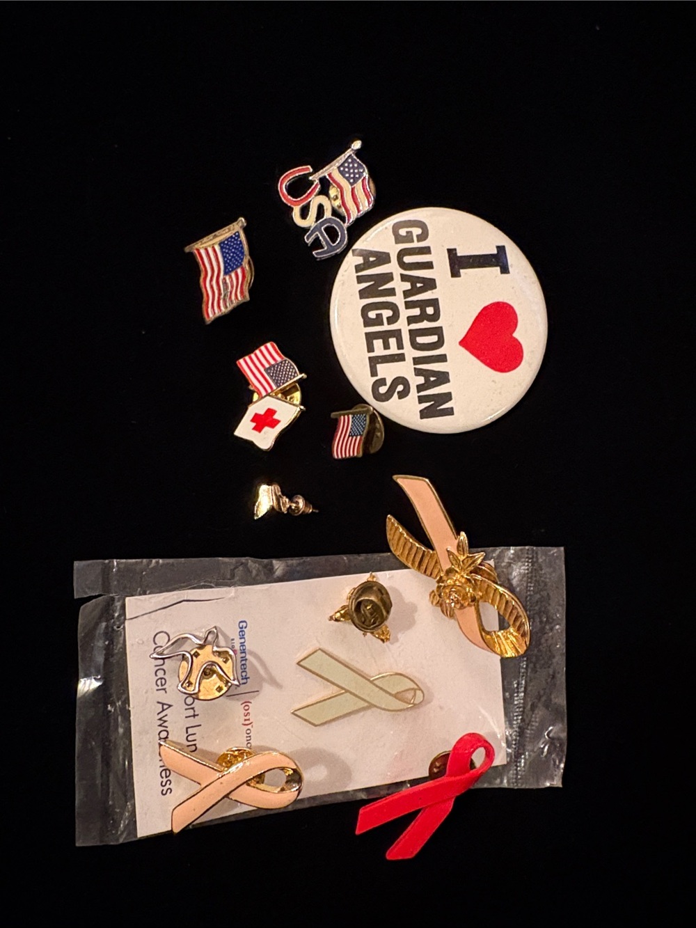 Flags and angel and ribbon pins 13